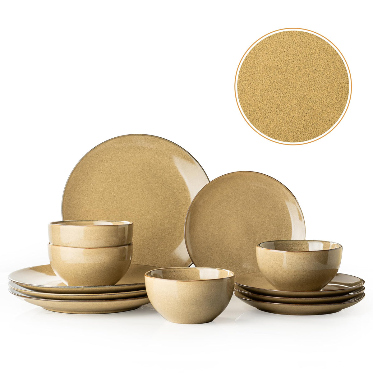 Dafuceramic front view of full 12-piece set showing warm maize yellow finish and brown rims, inviting table styling