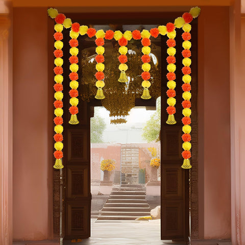 Daifunli front view garland showing vibrant orange yellow marigolds and bells for festive entry