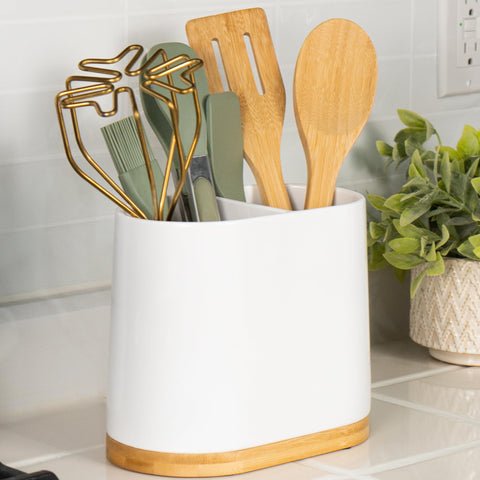DAILY RITMO white oval utensil holder front view showing clean design and stability