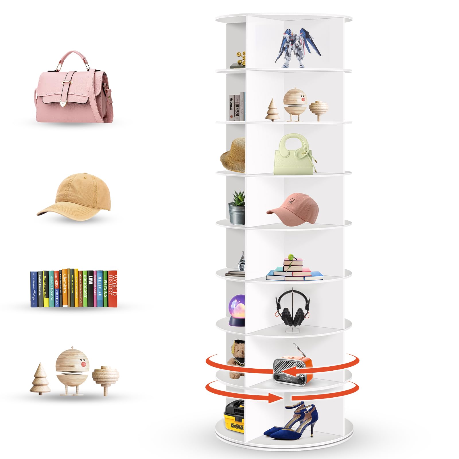 DailySee front view of rotating shoe rack showing tidy vertical storage benefit