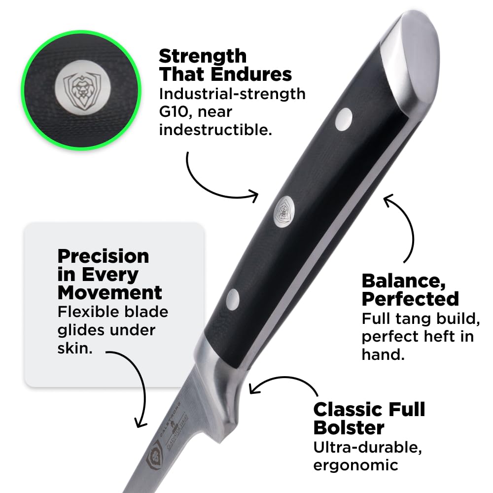 Dalstrong triple-riveted G10 handle detail for secure, ergonomic grip and durability