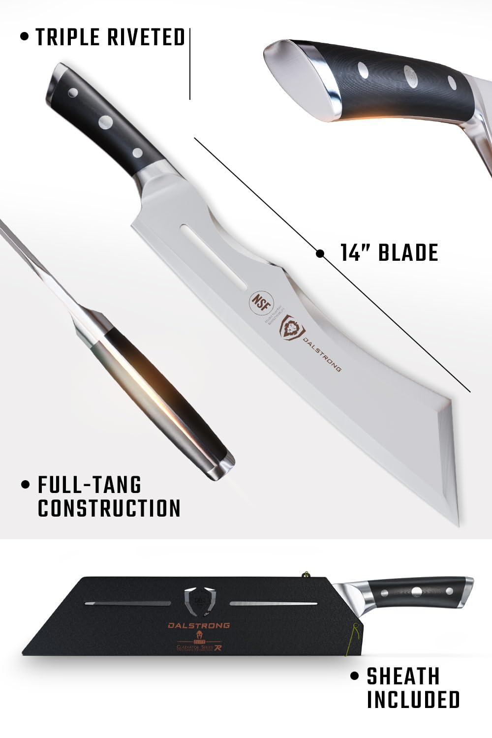 Dalstrong Annihilator on acacia display stand for countertop presentation and protection