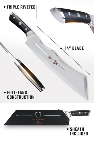 Dalstrong Annihilator on acacia display stand for countertop presentation and protection