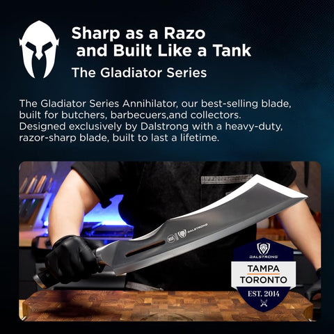 Dalstrong Annihilator cutting brisket in kitchen demonstrating heavy-duty performance