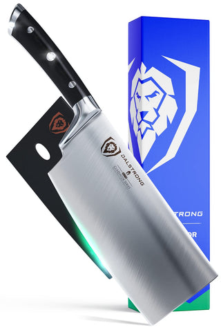 Dalstrong cleaver front view showing blade and edge for precise chopping benefit