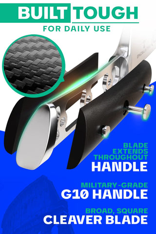 Dalstrong cleaver handle detail showing G10 grip for secure, comfortable control