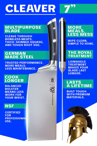 Dalstrong cleaver shown on scale for weight and balance reference benefit