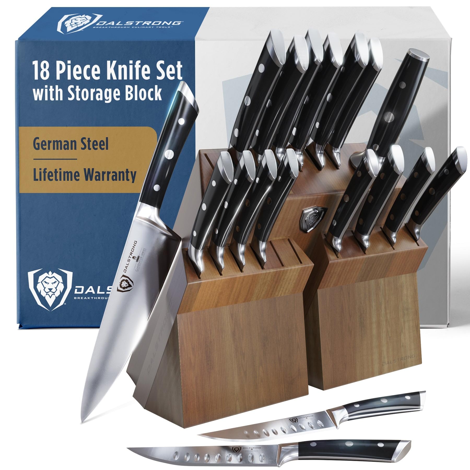 Dalstrong full 18-piece set front view showing blades and block for complete kitchen readiness