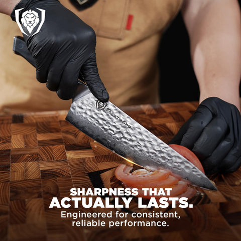 Dalstrong closeup of 66-layer Damascus pattern that resists stains and adds strength