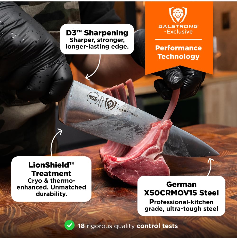 Dalstrong Gladiator Elite blade edge detail showing hand-polished 16–18° bevel for precise cuts