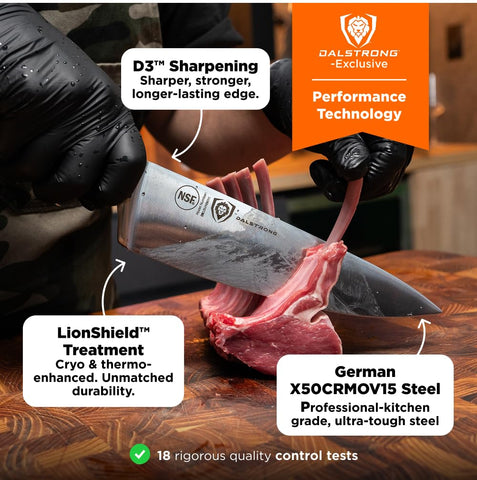 Dalstrong Gladiator Elite blade edge detail showing hand-polished 16–18° bevel for precise cuts