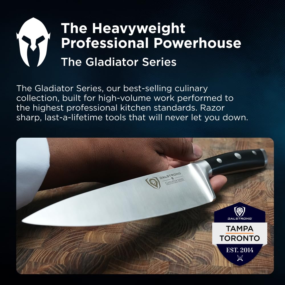 Dalstrong Gladiator Elite beside a ruler showing true 8-inch blade for size clarity