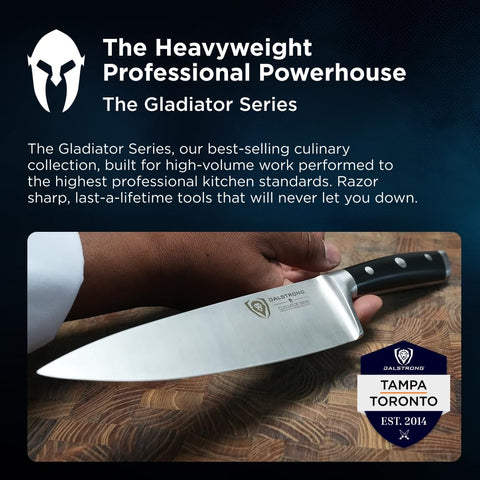Dalstrong Gladiator Elite beside a ruler showing true 8-inch blade for size clarity