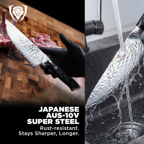 Dalstrong G-10 handle closeup showing ergonomic grip and durable, water-resistant material