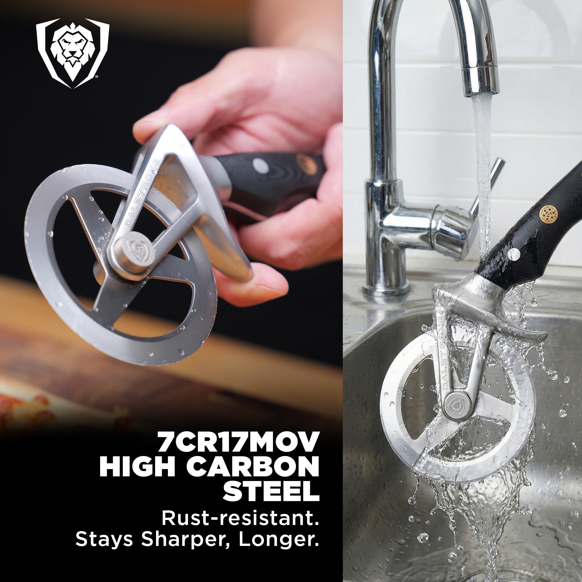 Dalstrong ergonomic G‑10 handle detail with finger guard for secure grip