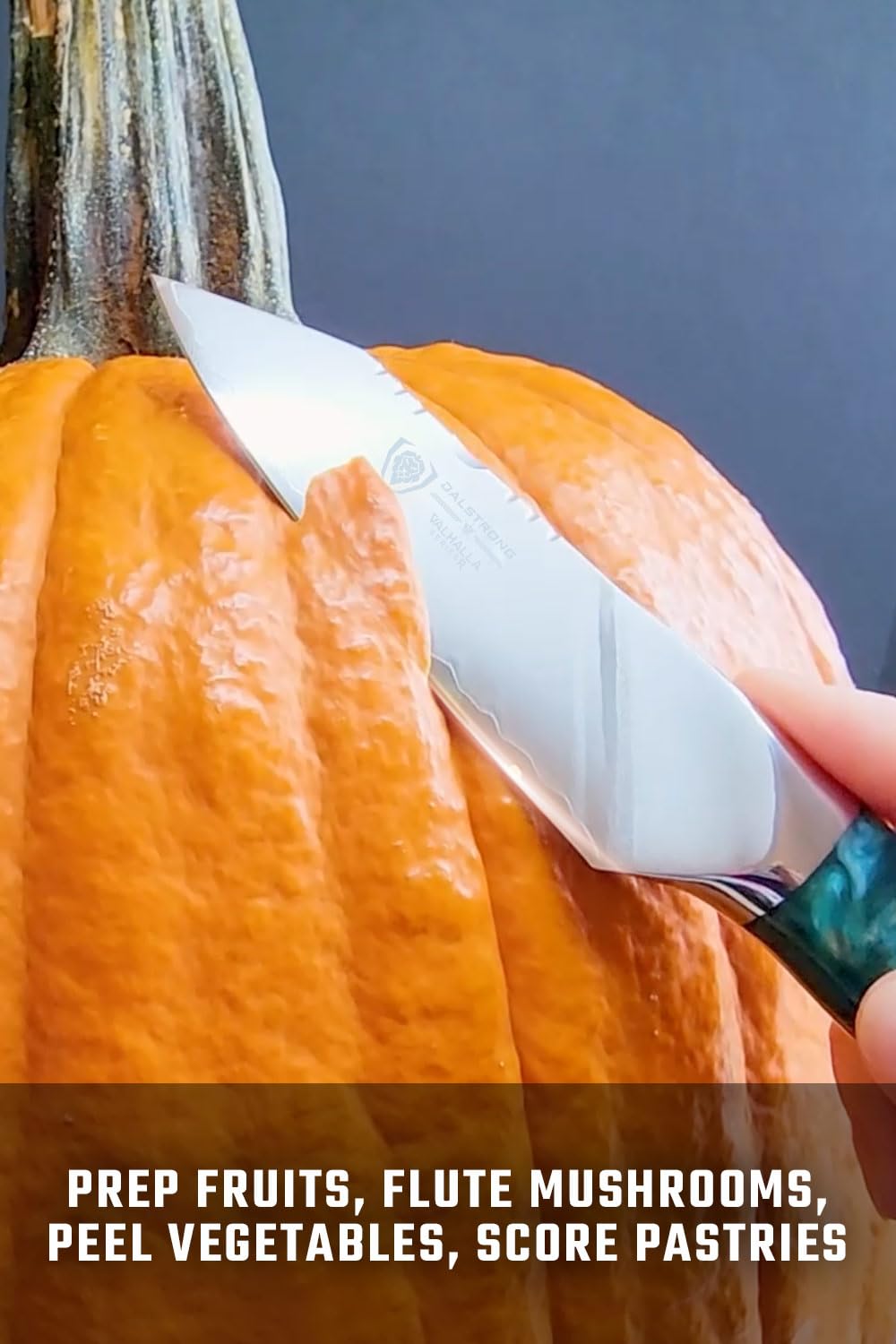 Dalstrong paring knife held in a hand to show scale and ergonomic balance