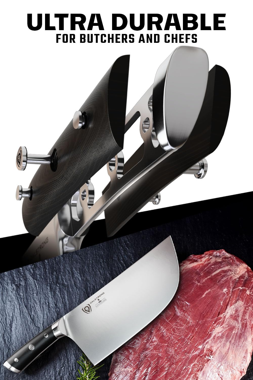 Dalstrong Ravager triple-riveted G10 handle detail offering secure grip