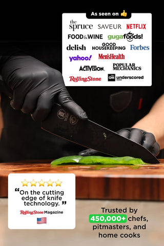 Dalstrong blade close-up highlighting TiN coating and corrosion resistance