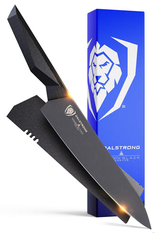 Dalstrong front view of the Shadow Black chef knife showing matte finish and balance
