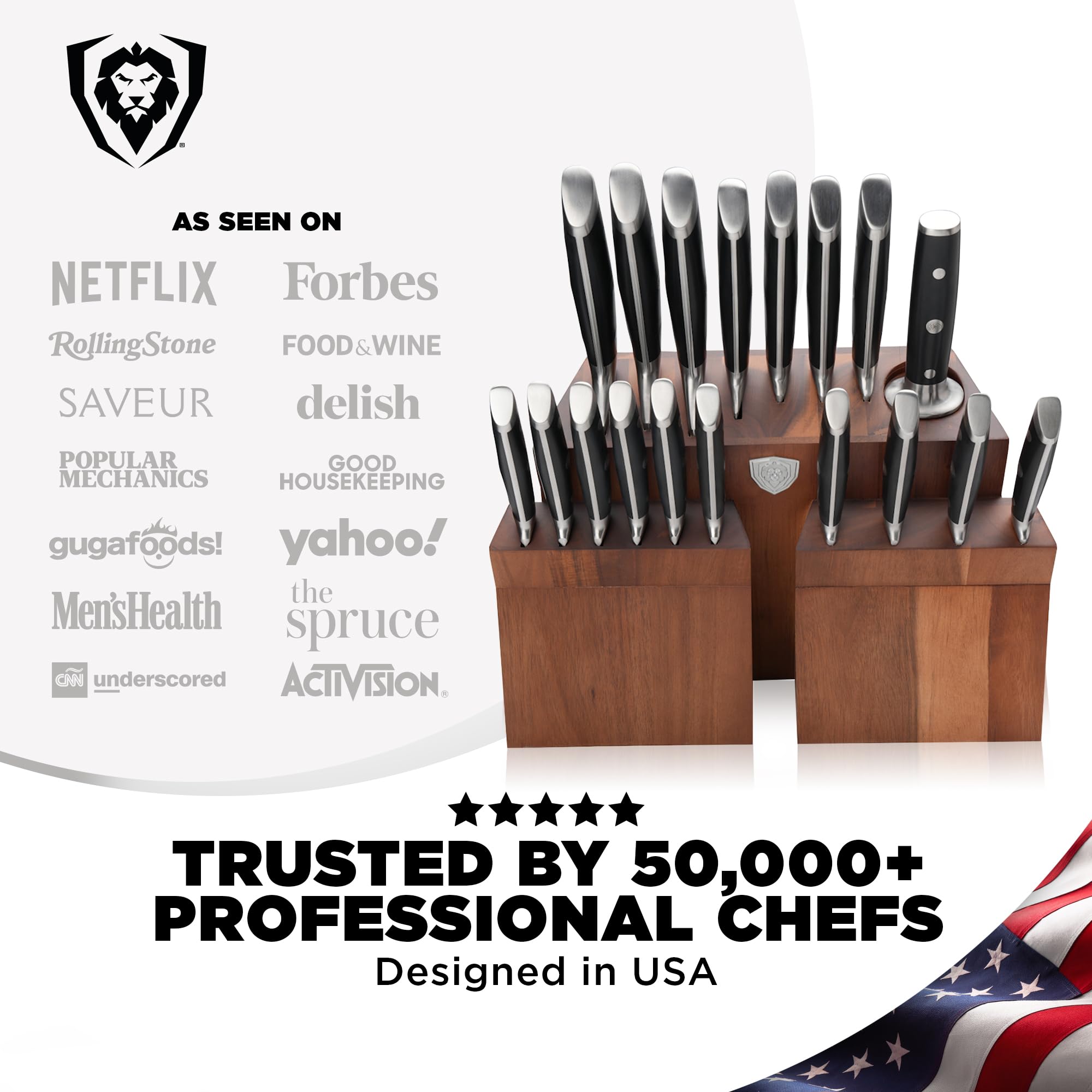 Dalstrong knives beside common kitchen items to show scale and balanced, ergonomic weight