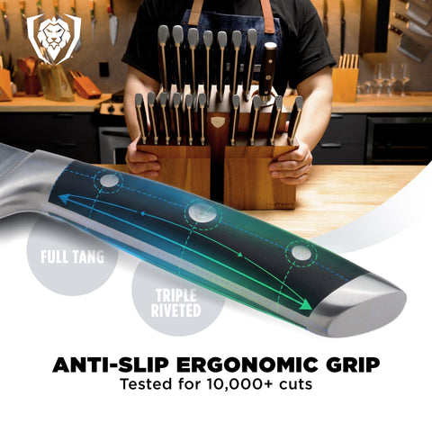 Dalstrong eight steak knives arranged on board emphasizing consistent dinner performance