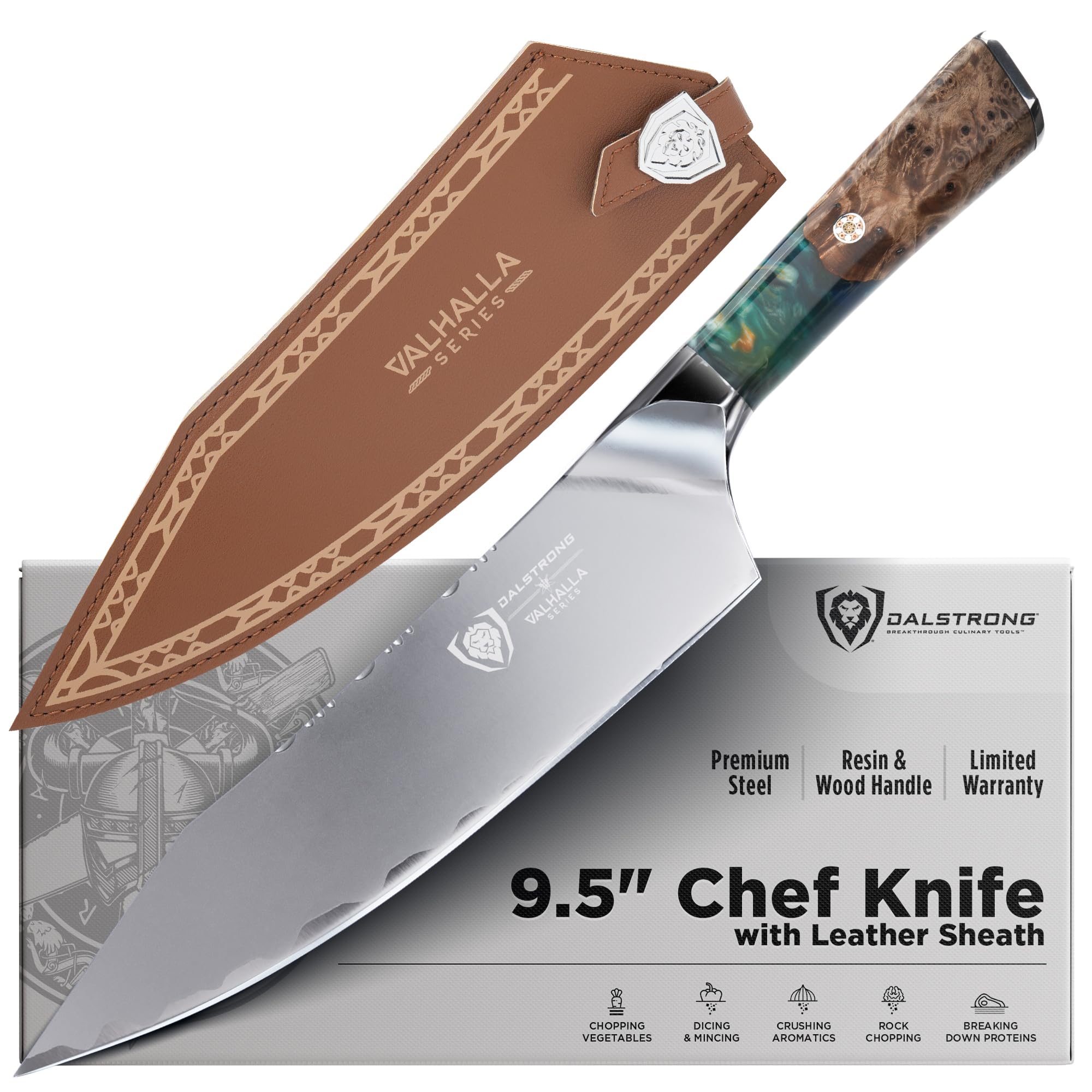 Dalstrong Valhalla front view showing full blade and handle for precise cutting