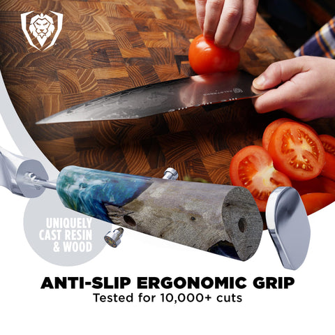 Dalstrong Valhalla slicing vegetables in use for smooth, consistent cuts