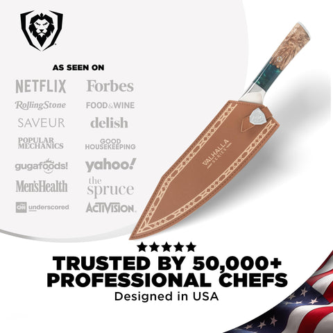 Dalstrong Valhalla embossed leather sheath detail protecting the blade on the go