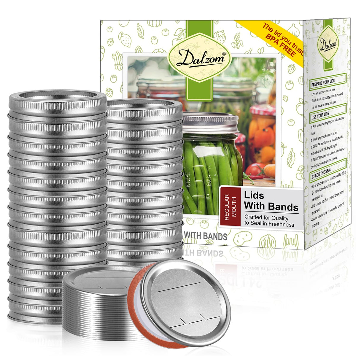 Dalzom front packaging showing full 72-piece regular-mouth set and benefits
