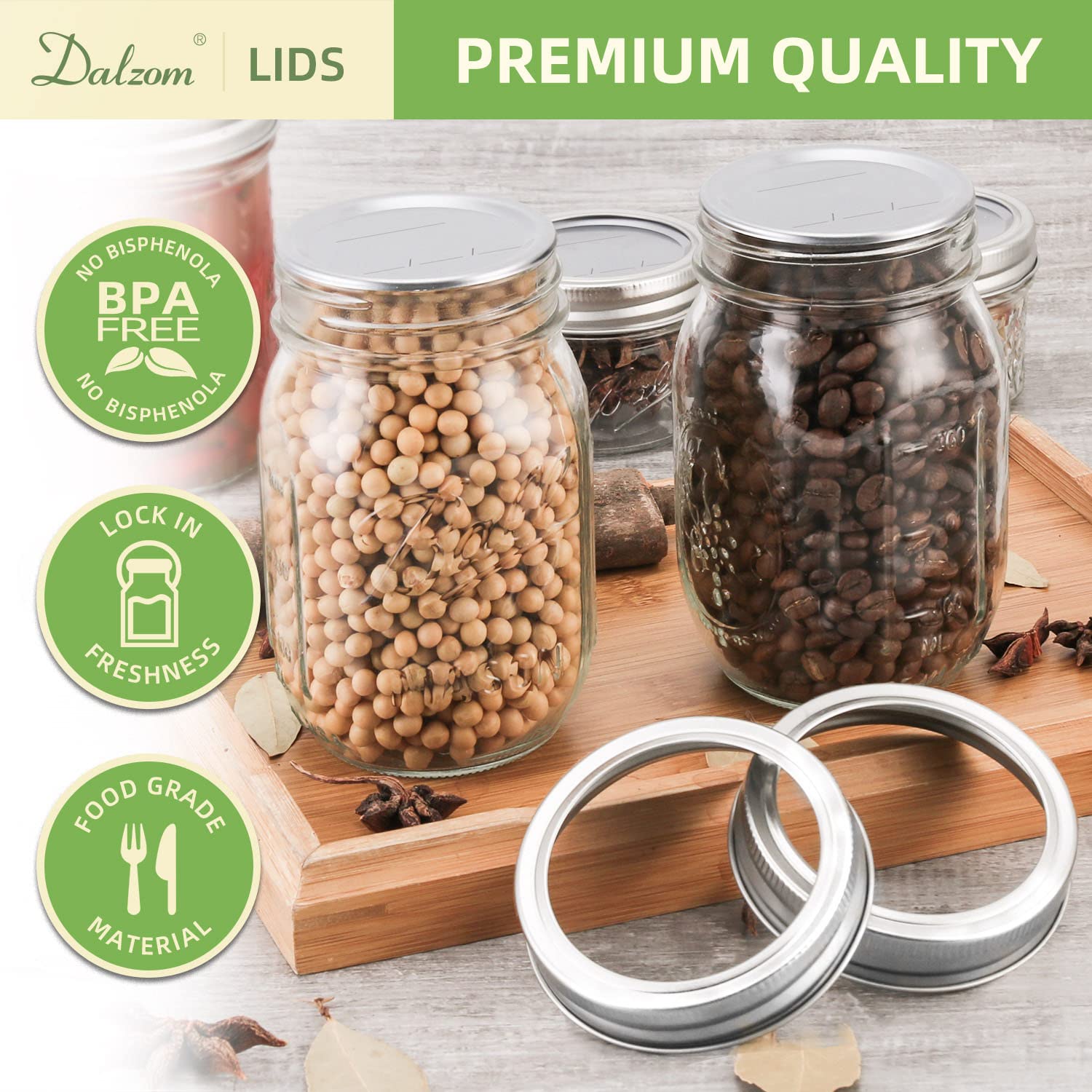 Dalzom lids on mason jars in use demonstrating airtight preservation benefit