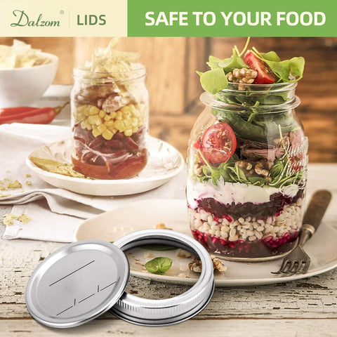 Dalzom lids beside a standard mason jar showing correct size fit