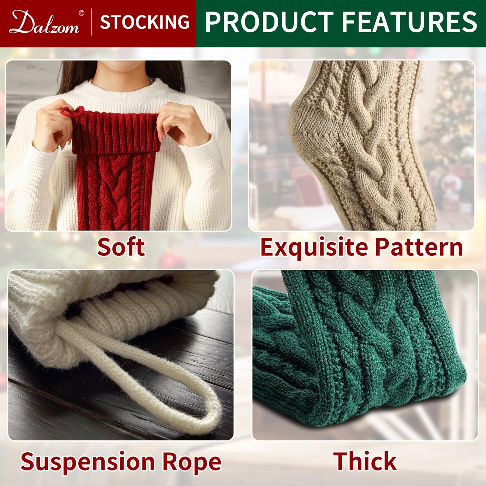 Dalzom stockings beside wrapped presents illustrating 18-inch size scale