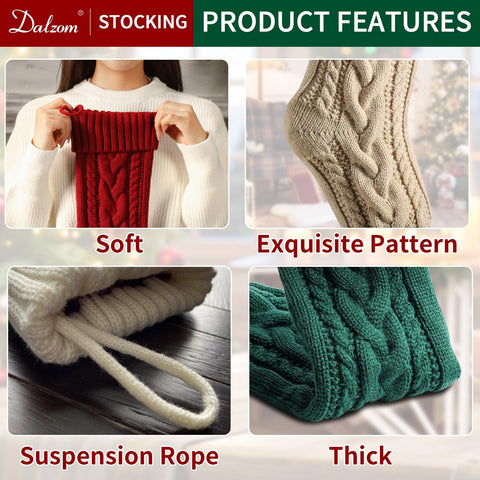 Dalzom stockings beside wrapped presents illustrating 18-inch size scale