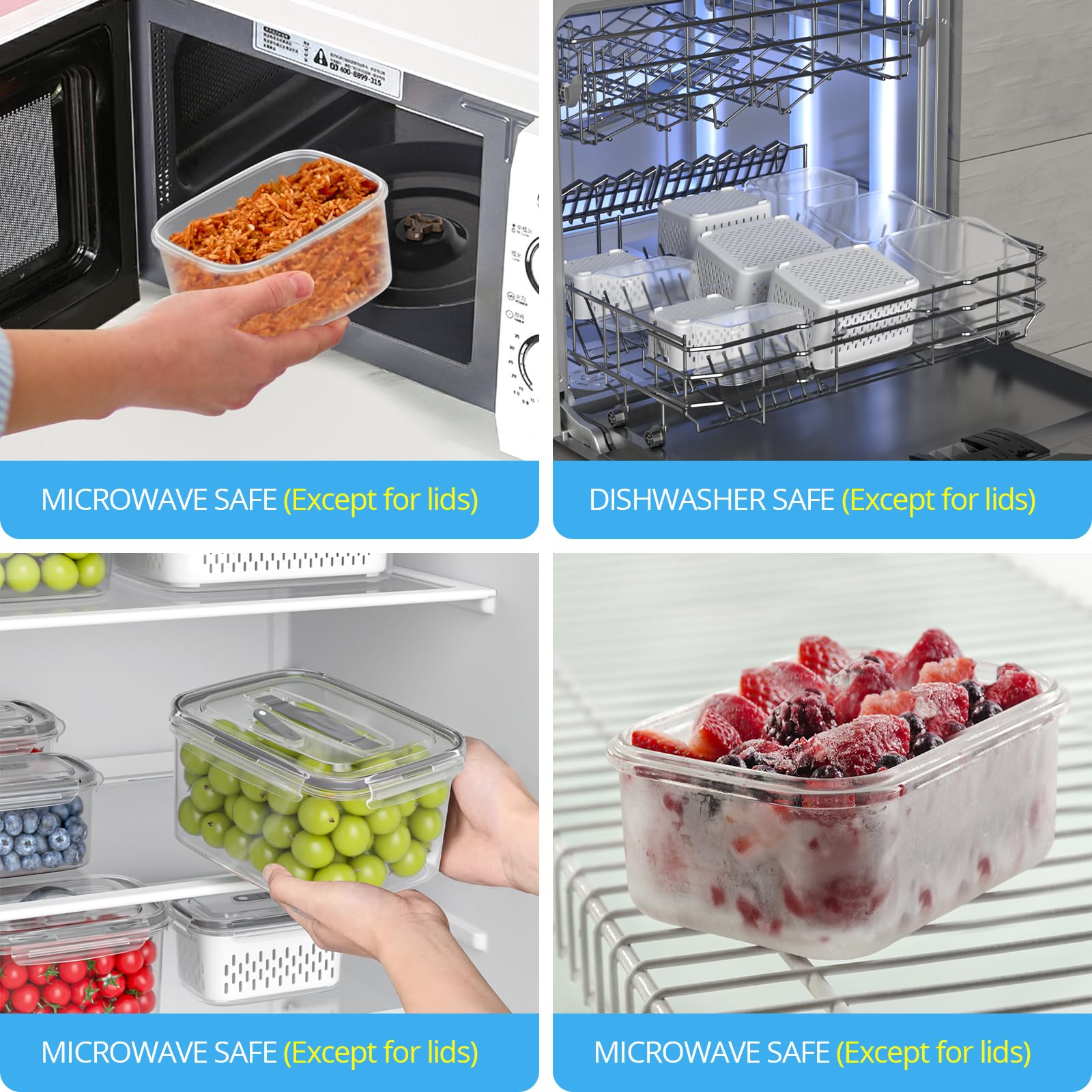 damynuo containers in fridge holding berries and leafy greens