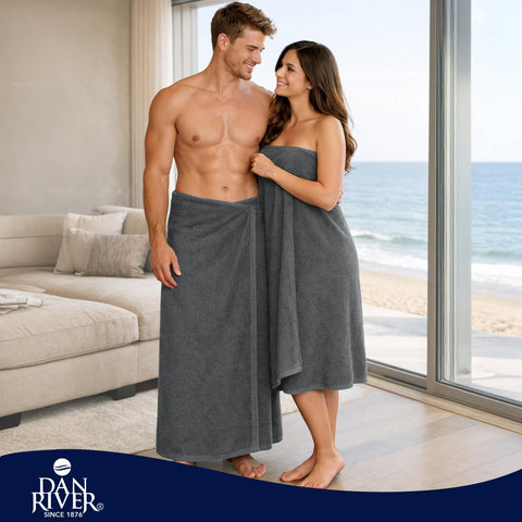 DAN RIVER towel wrapped around person illustrating generous size and comfortable warmth