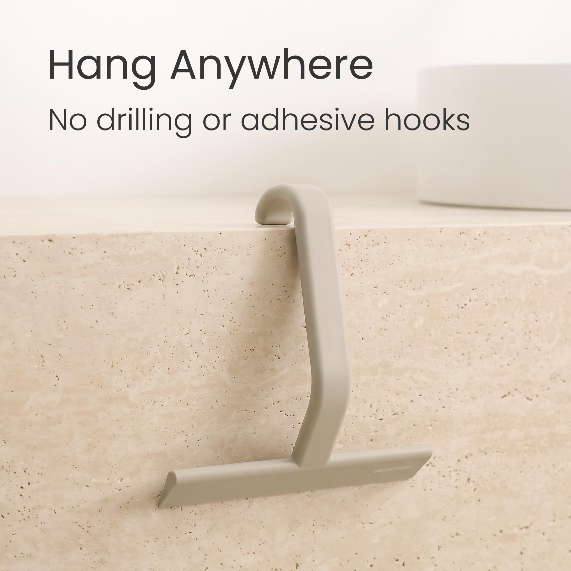 dancemoon close-up of integrated hook hanging on shower door, saves space