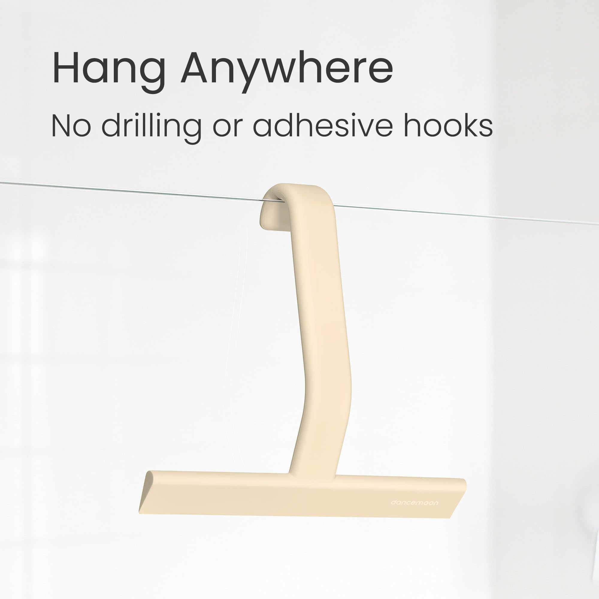 dancemoon JustHang hanging over a shower door hook, space-saving storage benefit