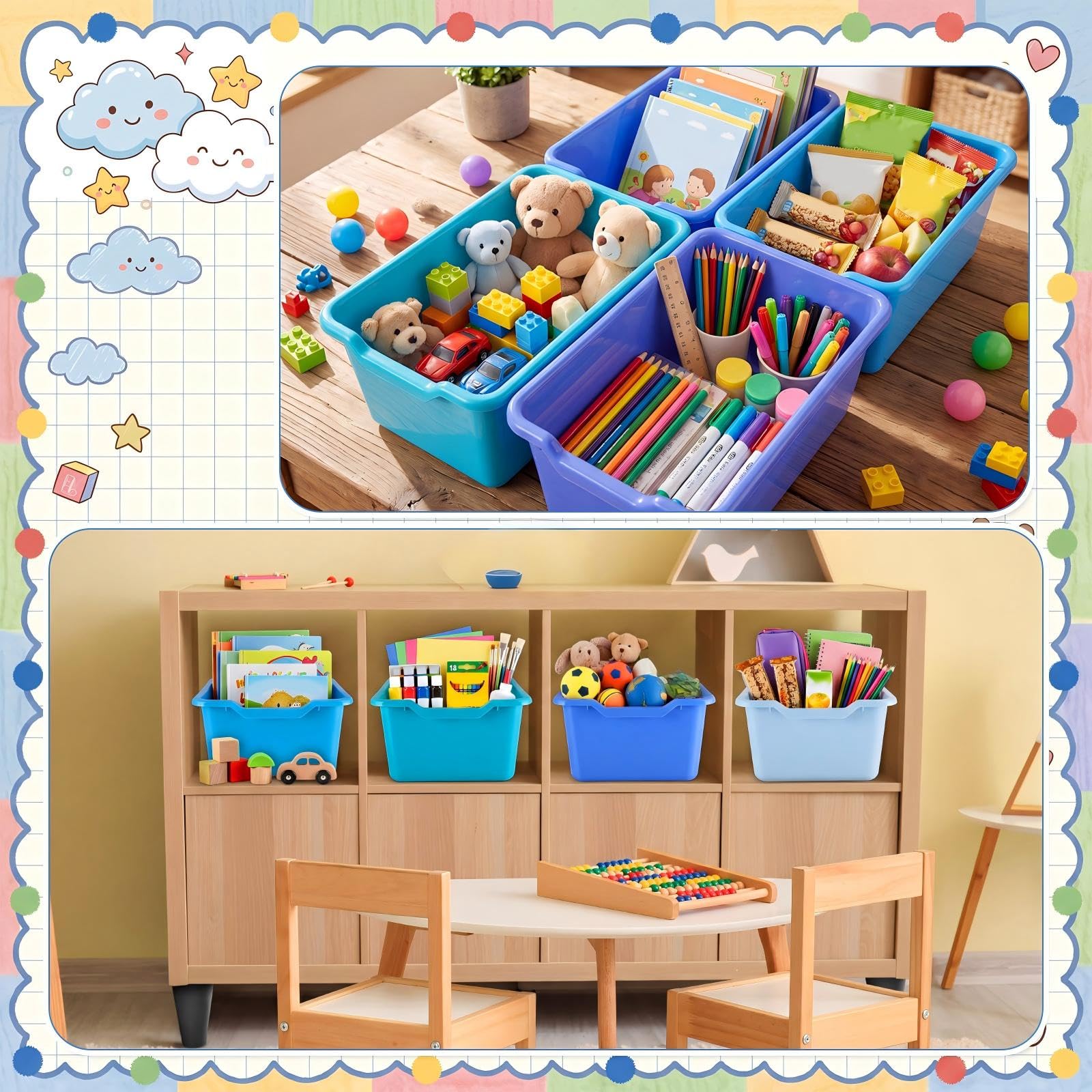 Dandat cubby bin placed in classroom shelf promoting tidy organization