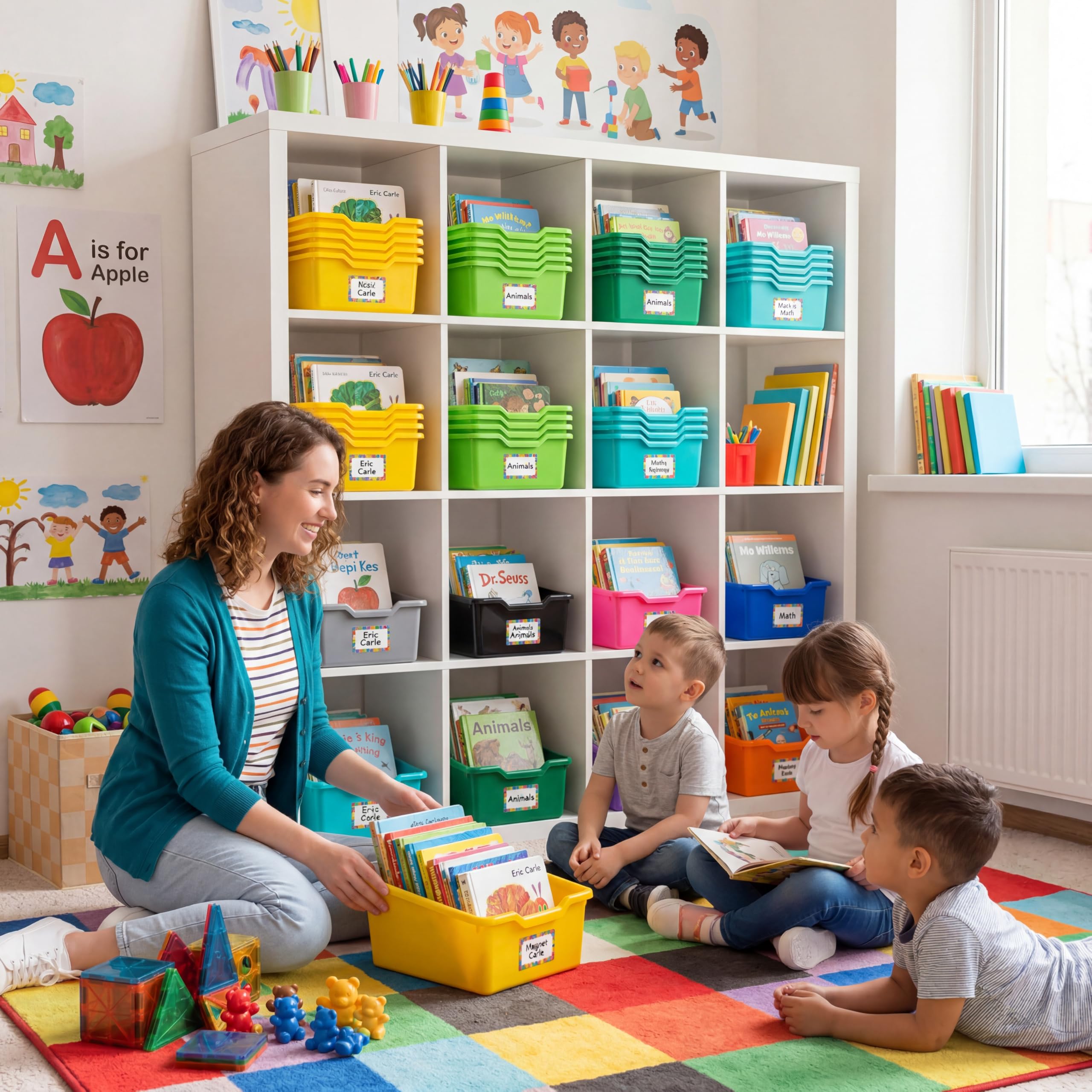 Dandat lifestyle classroom scene with children using bins to tidy toys
