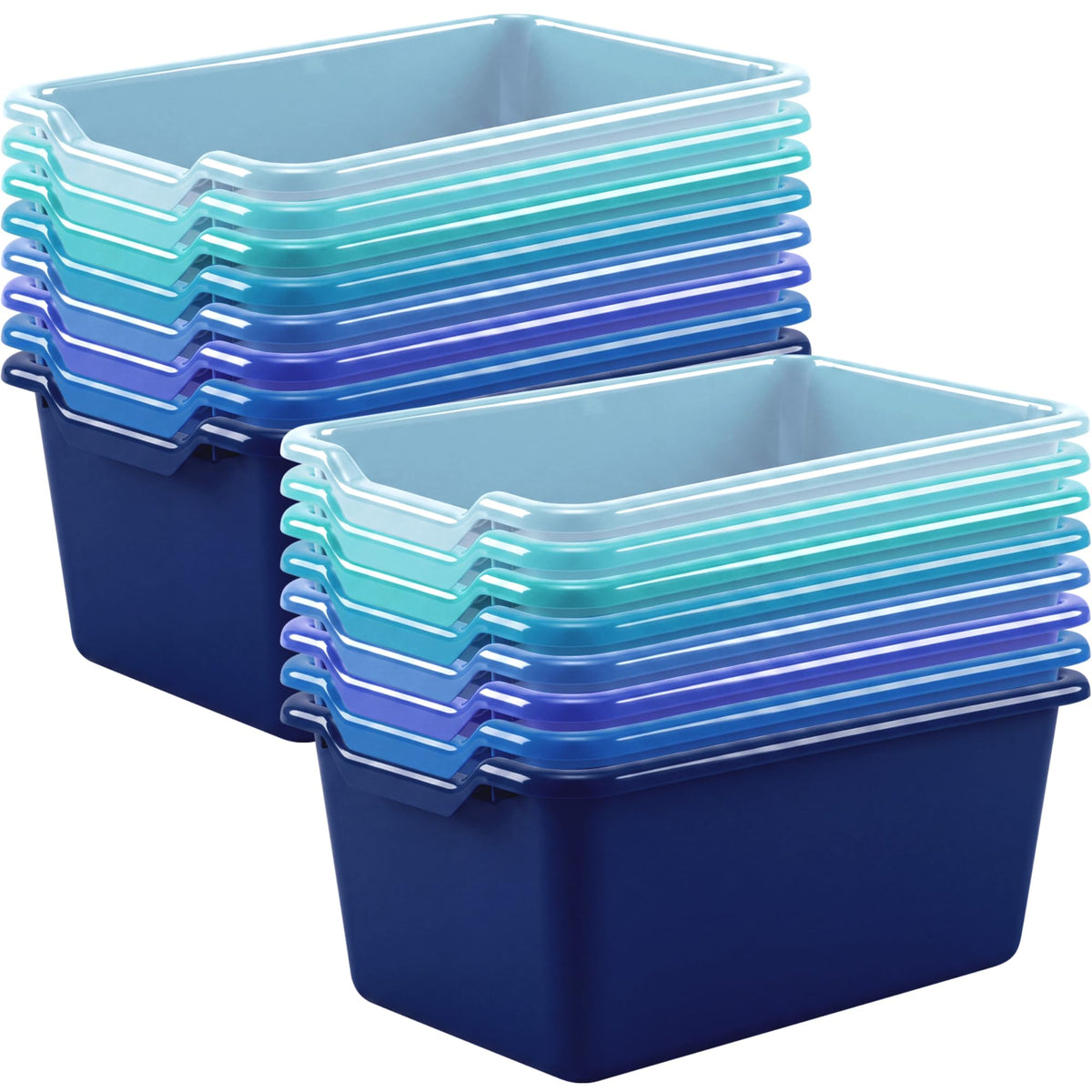 Dandat front view of blue cubby bins showing pack layout and easy access