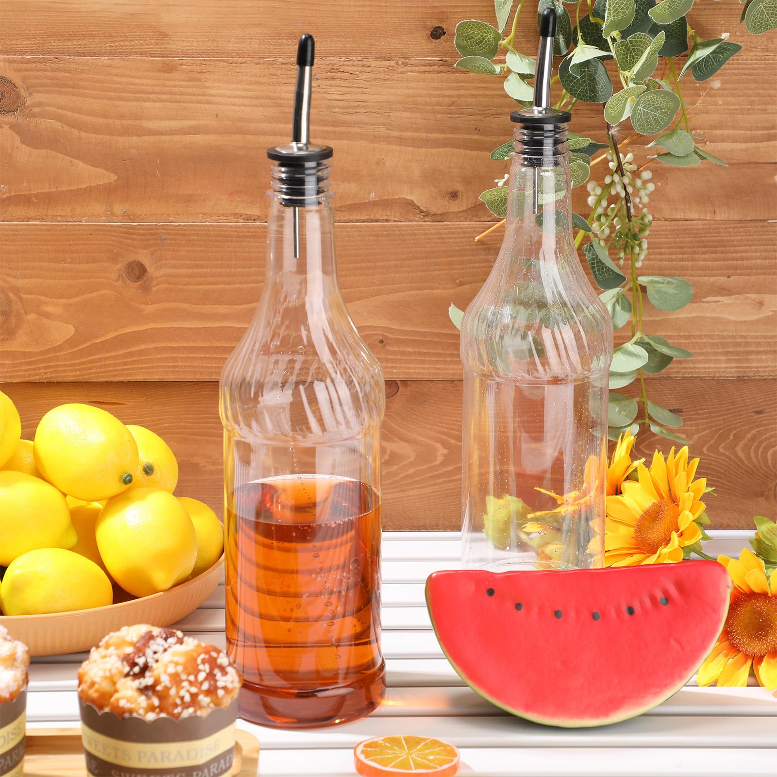 Dandat side profile of long-neck bottle highlighting transparent body and visible liquid level