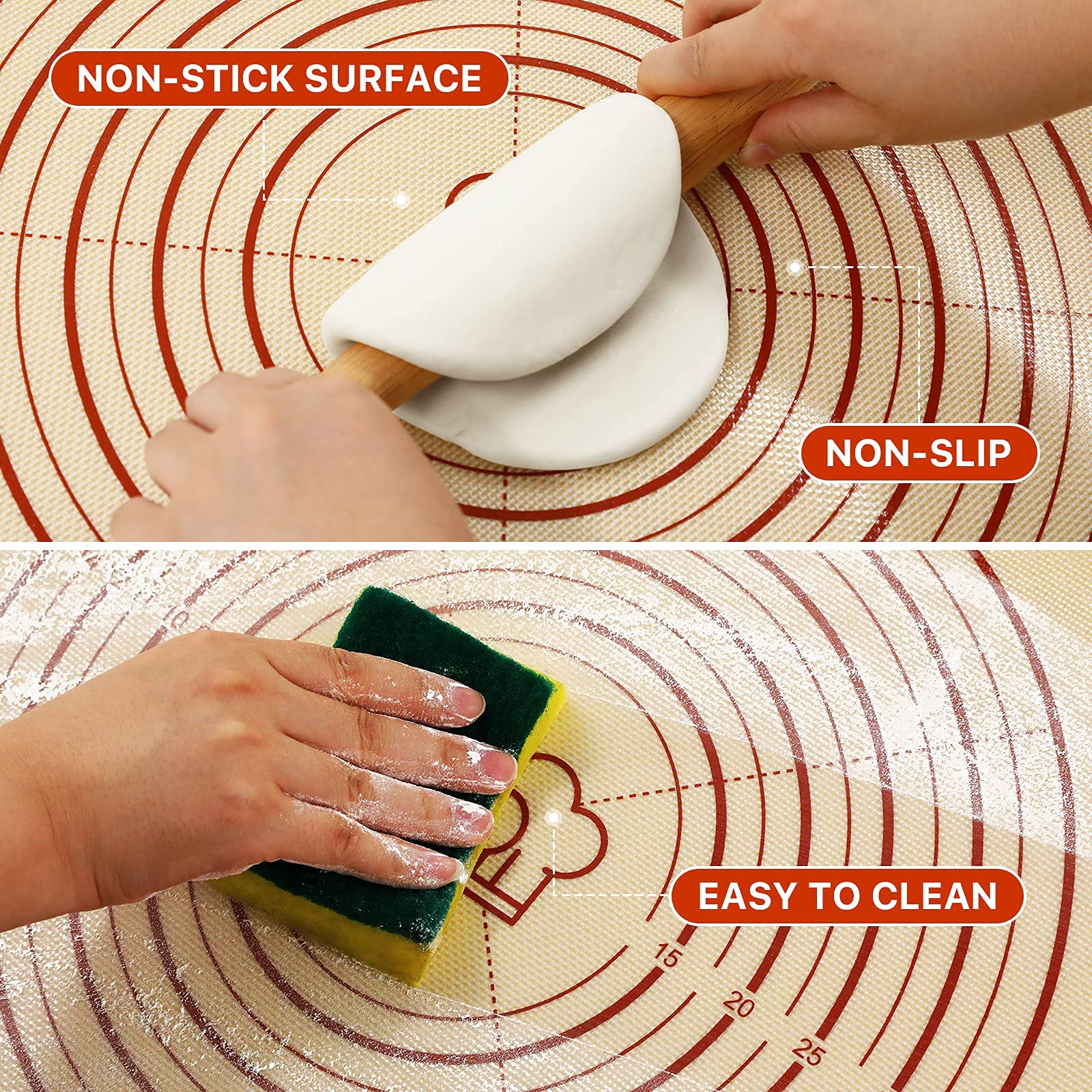 DANIA & DEAN mat in use with rolling pin demonstrating nonstick benefit and adherence