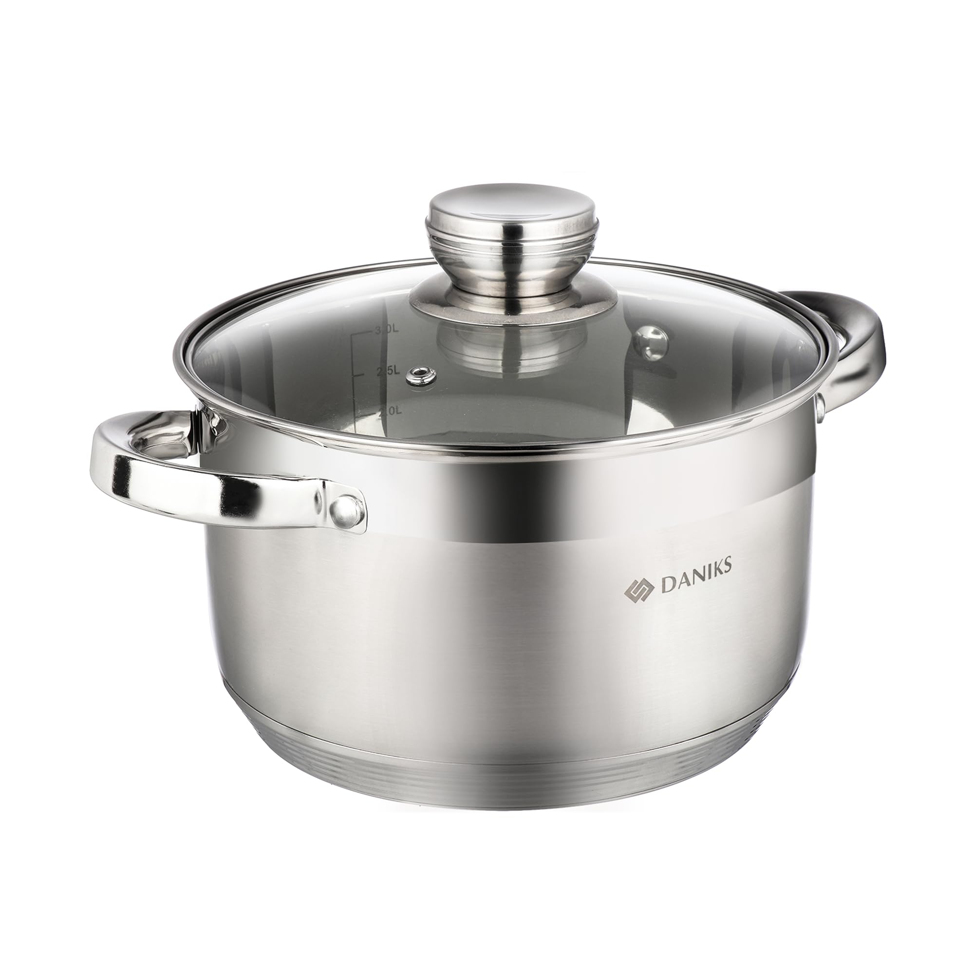 Daniks front view of 4 quart stainless steel pot showing polished finish and handles for durability
