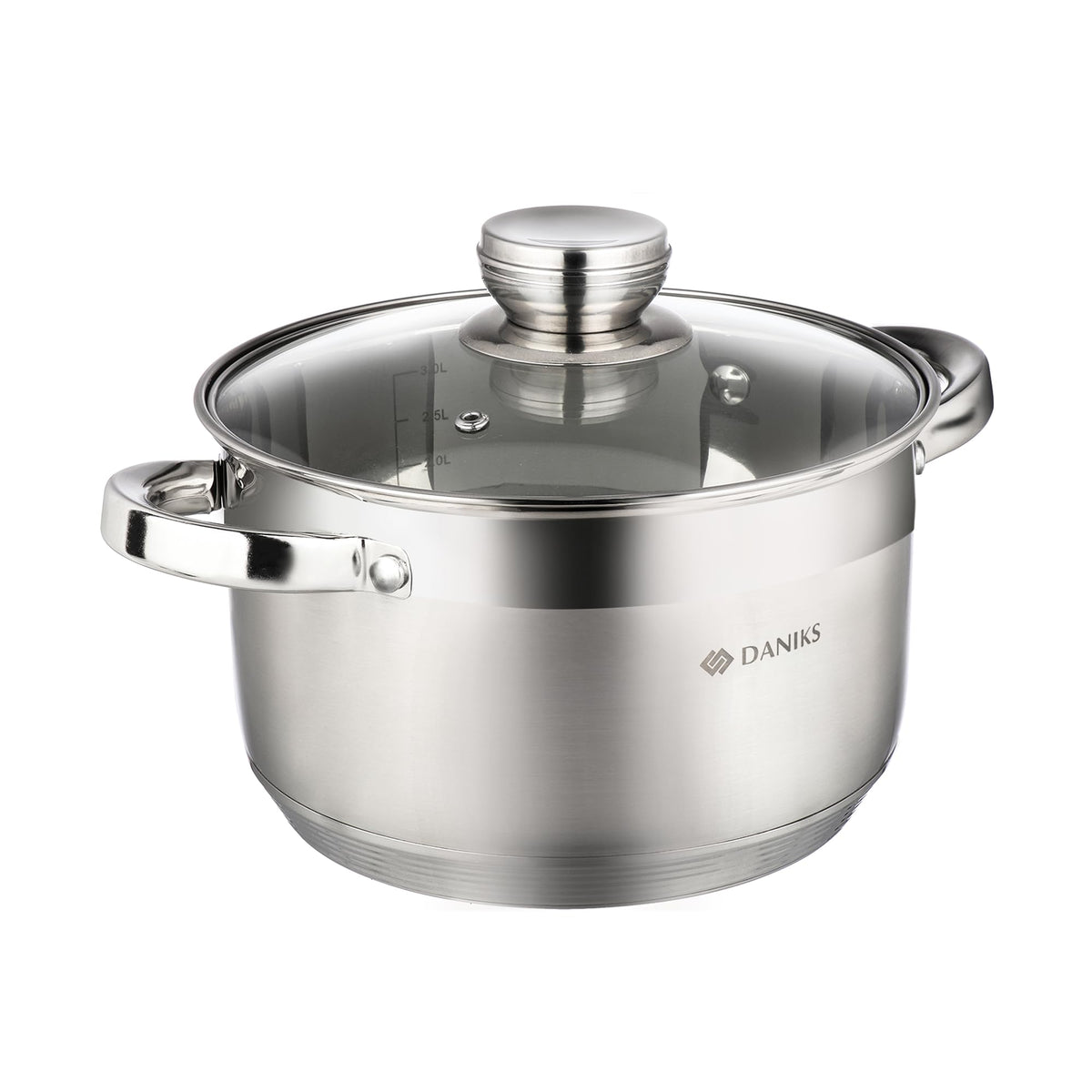 Daniks front view of 4 quart stainless steel pot showing polished finish and handles for durability