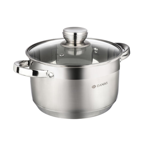 Daniks front view of 4 quart stainless steel pot showing polished finish and handles for durability