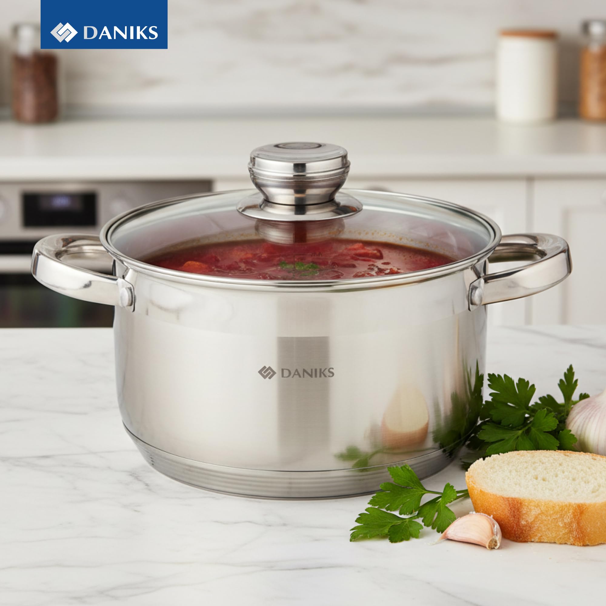 Daniks pot in a kitchen lifestyle shot showing everyday versatility and attractive stainless look