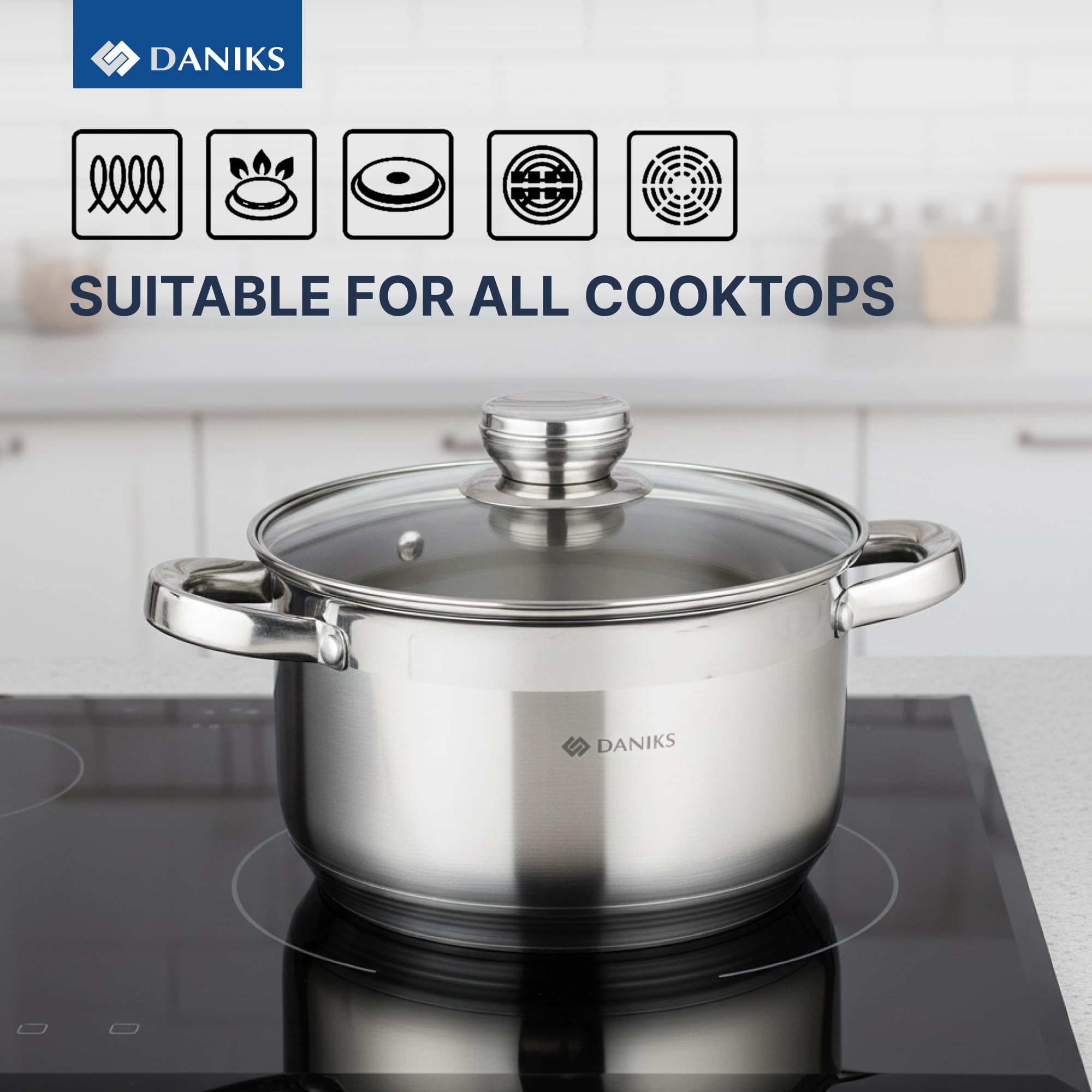 Daniks size comparison with a pot next to plates to show 4-quart capacity for families