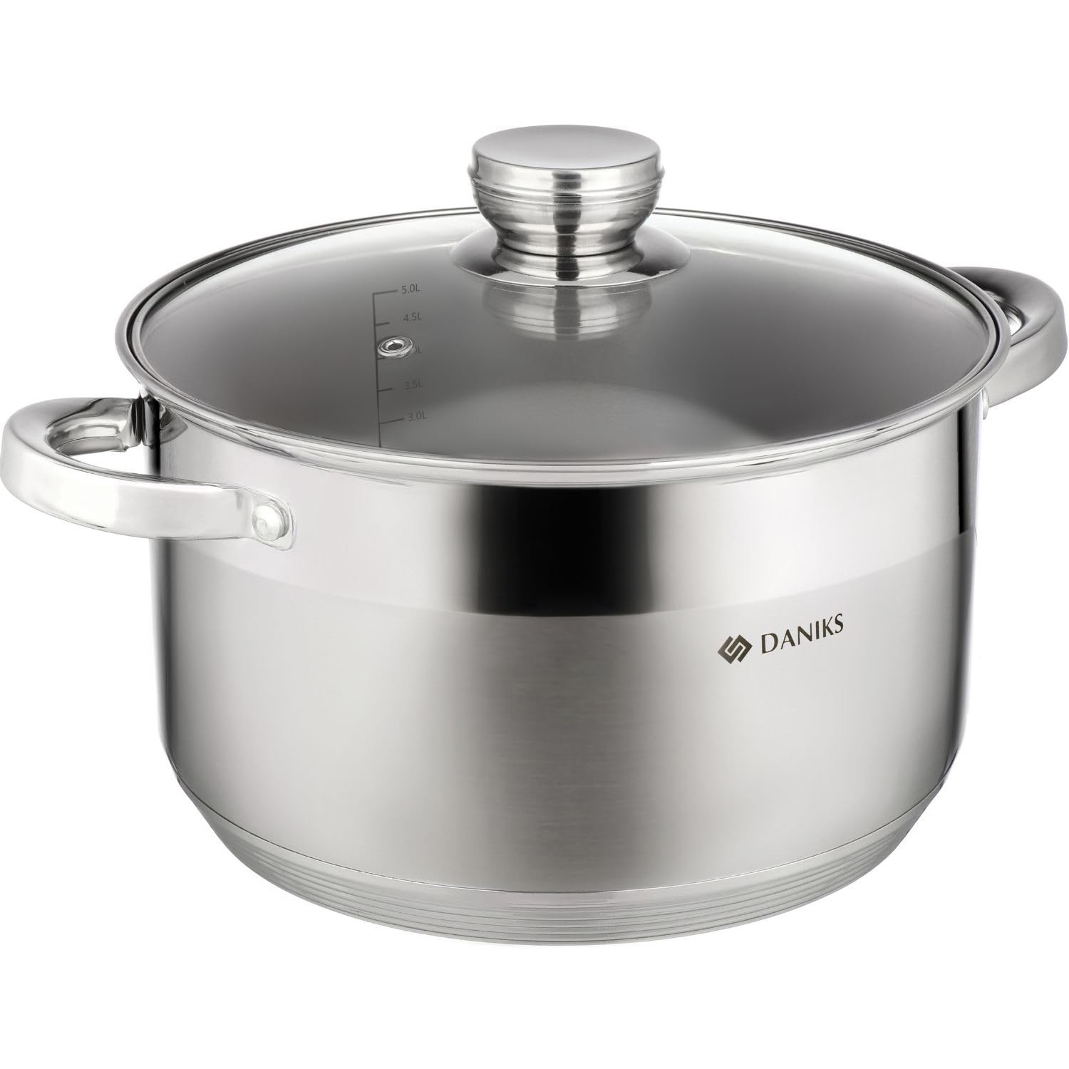 Daniks stock pot front view showing sleek silver finish and capacity benefit