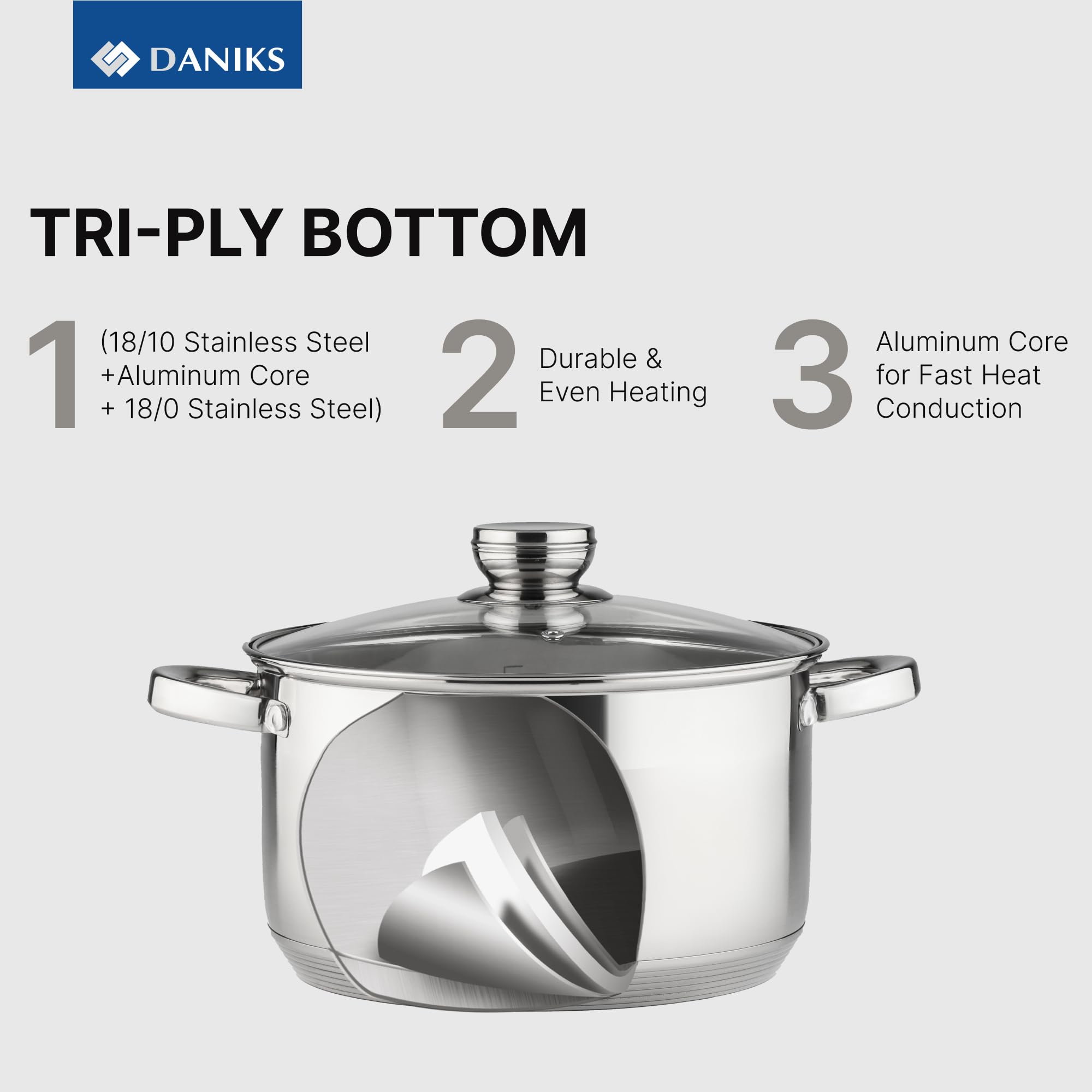 Daniks tri-ply-style thick bottom detail demonstrating even heat distribution and stability