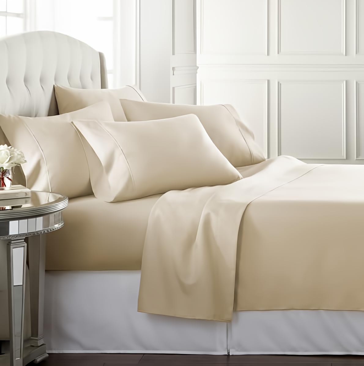 Danjor Linens front packaging showing cream sheet set and features for easy selection